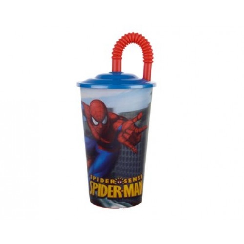 BANQUET Trinkbecher mit Deckel+Strohalm, Spiderman L 1214SP38888