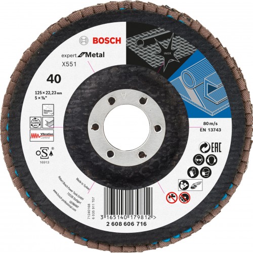 BOSCH Expert for Metal Fächerschleifscheibe X551, 125x22,23mm, 40, gewinkelt 2608606716