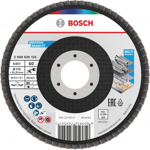 BOSCH X451 Fächerschleifscheibe, 115 × 22,23 mm, G60, T29, 2608626124