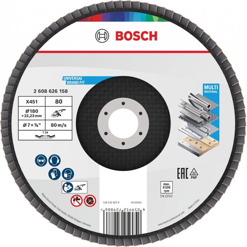 BOSCH X451 Fächerschleifscheibe, 180 × 22,23 mm, G80, T29 2608626158