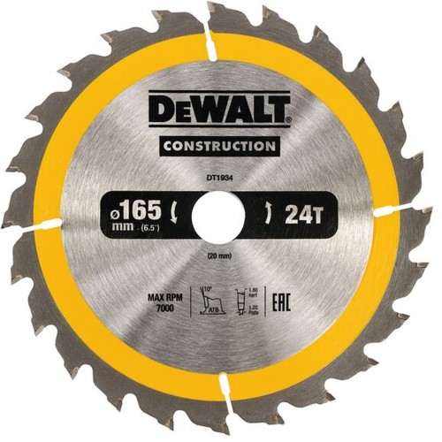 DeWALT DT1934-QZ Kreissägeblatt für Handkreissägen, 165 x 20 mm, 24WZ