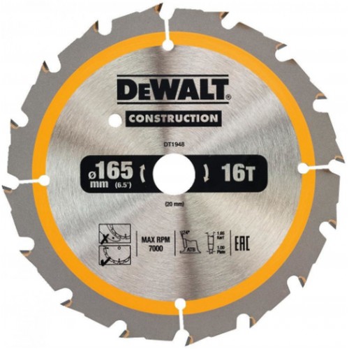 DeWALT DT1948-QZ Kreissaegeblatt für Akku-Handkreissägen, 165 x 20 mm, 16WZ