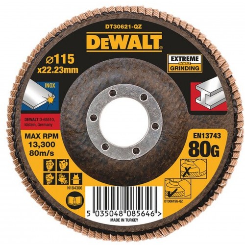 DeWALT DT30621 Extreme Fächerscheibe 4 1/2" 115 mm x 22,23 mm Körnung 80 DeWALT DT30621 Extreme Fächerscheibe 4 1/2" 115 mm x 22,23 mm Körnung 80