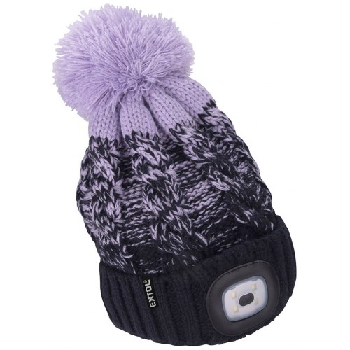 EXTOL LIGHT Kappe mit Stirnlampe 4x45lm, USB-Aufladung, dunkelblau / lila mit Bommel 43466