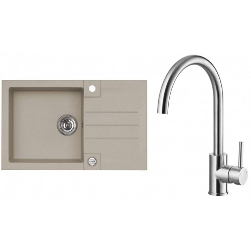 ALVEUS Set ROCK 130 Granitspüle 780x480 mm + Küchenarmatur ELZA, Pebble 02 + Edelstahl