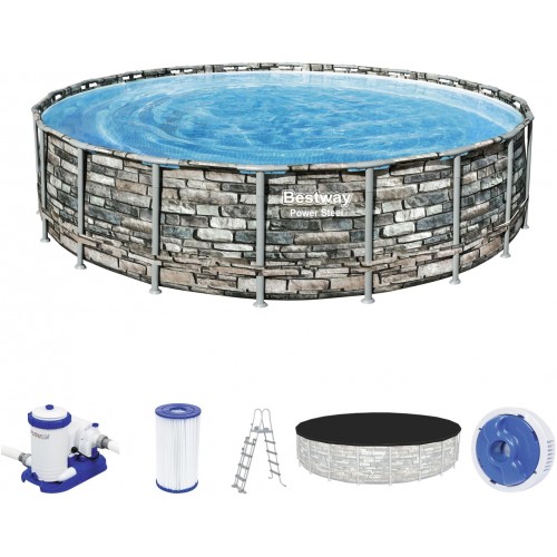 BESTWAY Power Steel Frame Pool 610 x 132 cm, Komplett-Set mit Filterpumpe 56883