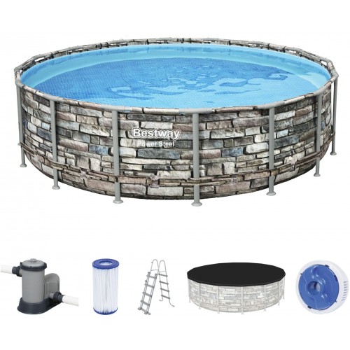 BESTWAY Power Steel Frame Pool 488 x 122 cm, Komplett-Set mit Filterpumpe 56966