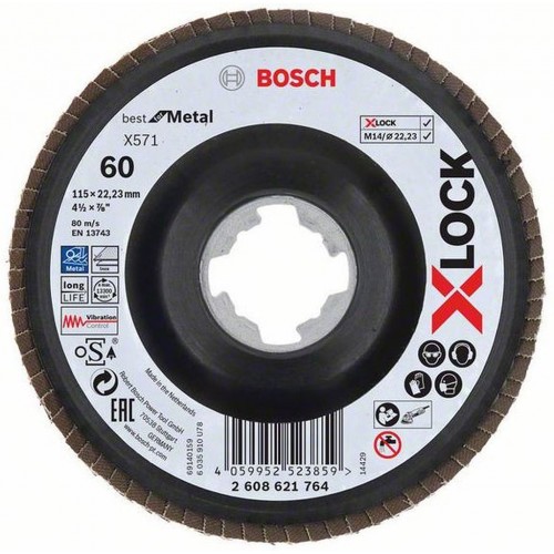 BOSCH X-LOCK Fächerschleifscheibe, Metall, gewinkelte Ausf., 40, X571, 115mm, 2608621763