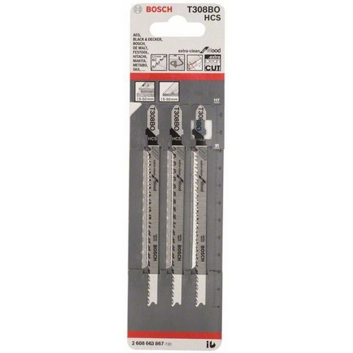 BOSCH Stichsägeblatt T 308 B, Extraclean for Hard Wood, 3er-Pack 2608663750