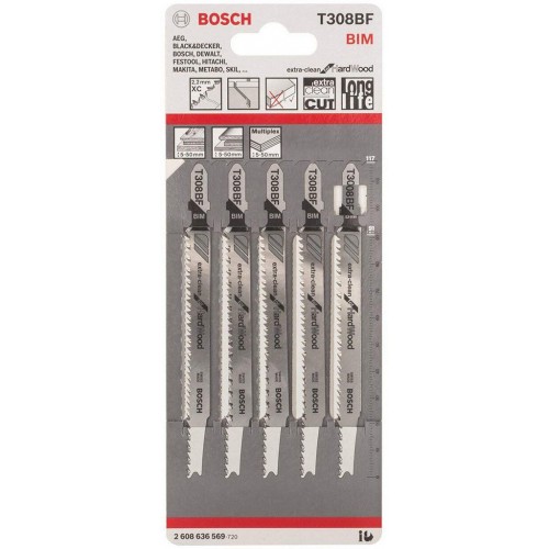 BOSCH Stichsägeblatt T 308 BF Extraclean for Hard Wood, 5er-Pack 2608636569