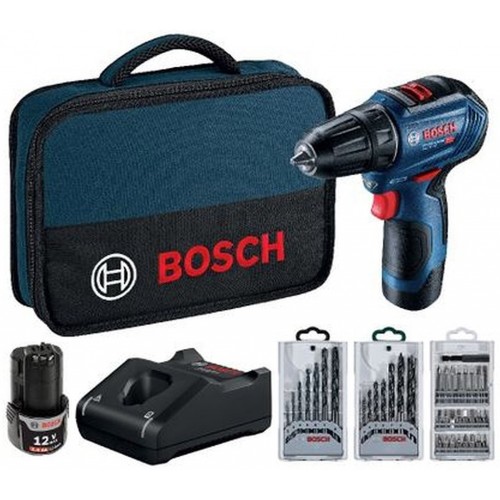 BOSCH GSR 12V-30 Akku-Bohrschrauber mit Zubehör, 12V 2x2,0Ah 06019G9001
