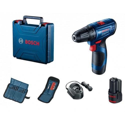 BOSCH GSR 120-LI PROFESSIONAL Akku-Bohrschrauber mit Zubehör, 2x 12V 2.0Ah 06019G8002