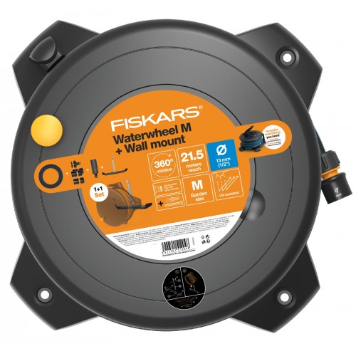 Fiskars Schlauchaufroller-Set M 1/2", Reichweite 21,5 m mit Wandhalterung 1059608