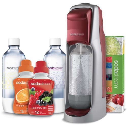 SODASTREAM Trinkwassersprudler Jet Red/Silver + 2 Sirup + 2 x 1L Flasche